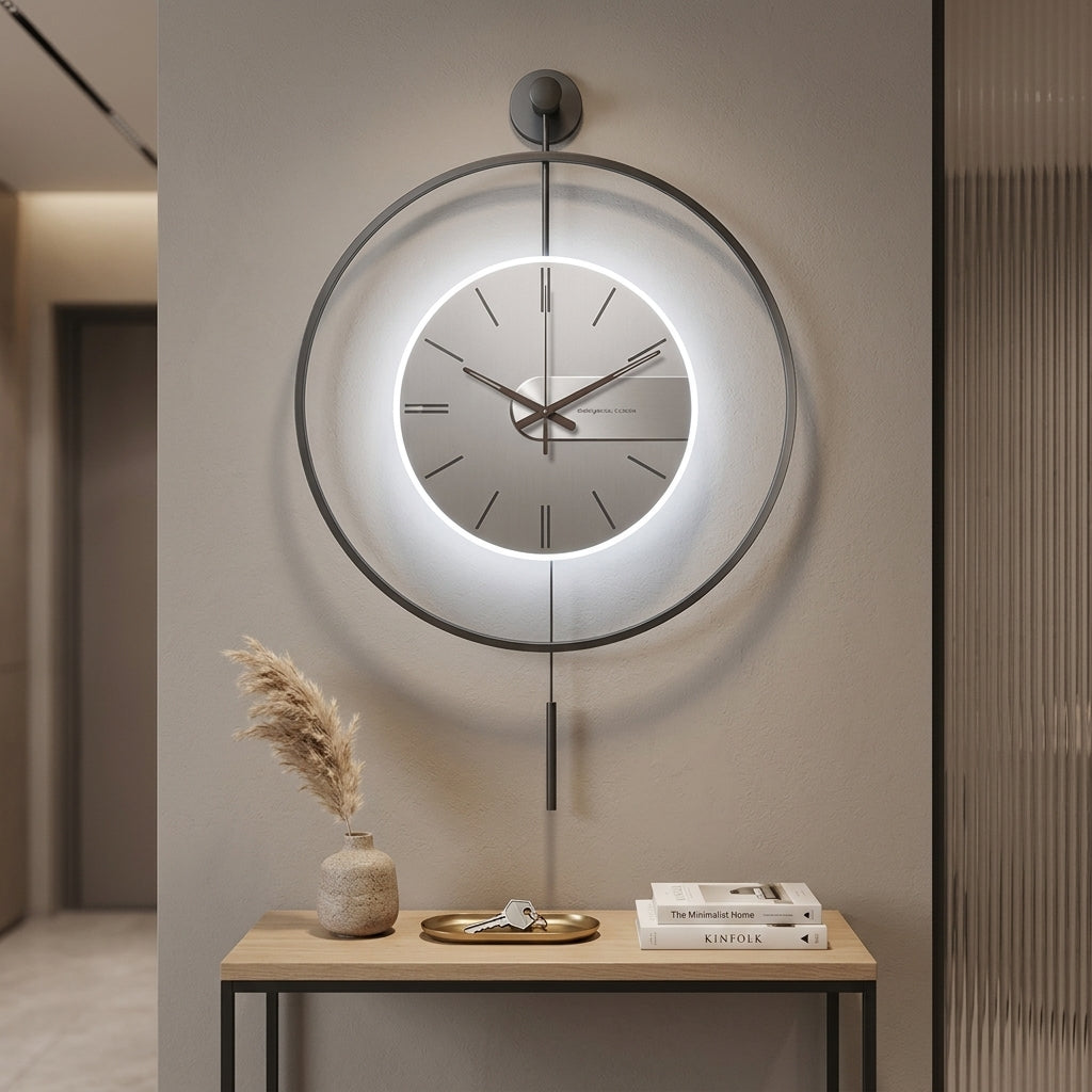 Large Modern Grey Wall Clock LED Light Pendulum