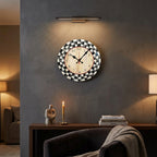 Black and White Grid Wooden Round Silent Wall Clock