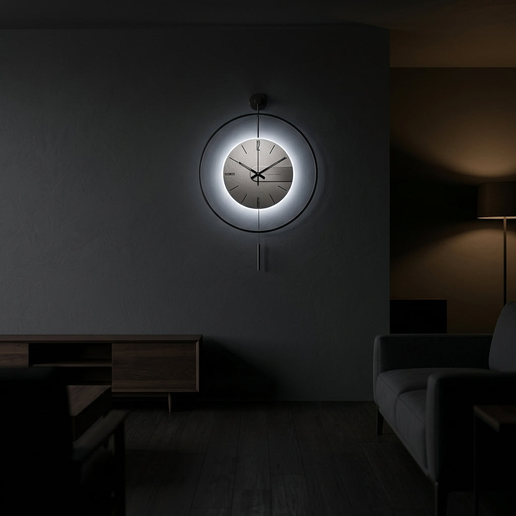 Large Modern Grey Wall Clock LED Light Pendulum
