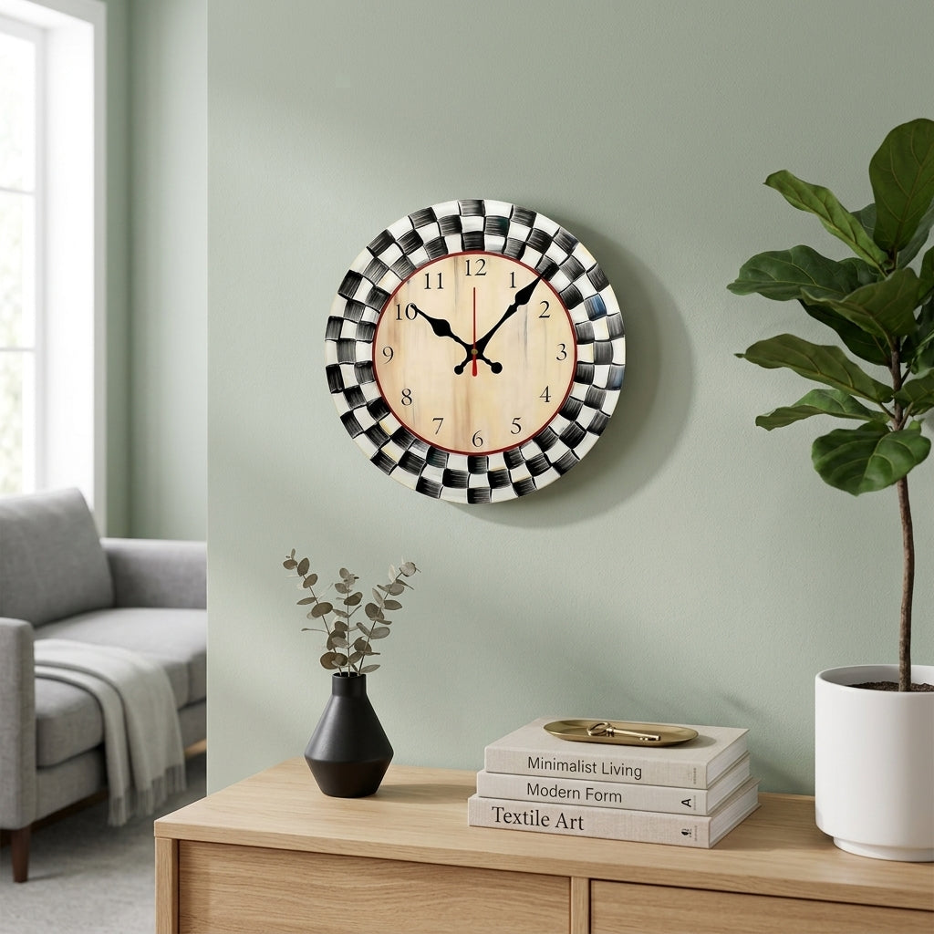 Black and White Grid Wooden Round Silent Wall Clock