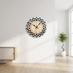 Black and White Grid Wooden Round Silent Wall Clock