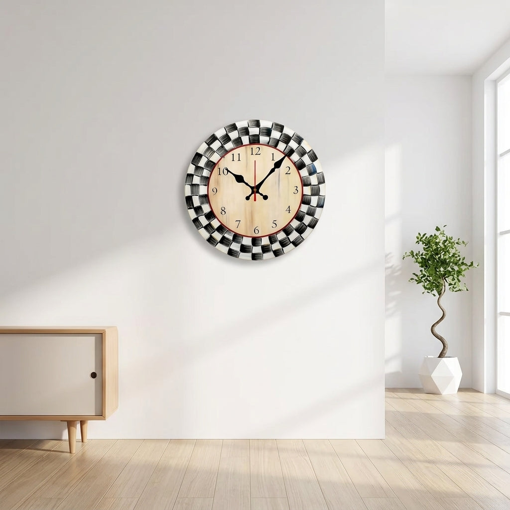 Black and White Grid Wooden Round Silent Wall Clock