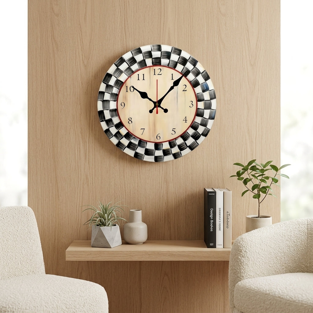 Black and White Grid Wooden Round Silent Wall Clock