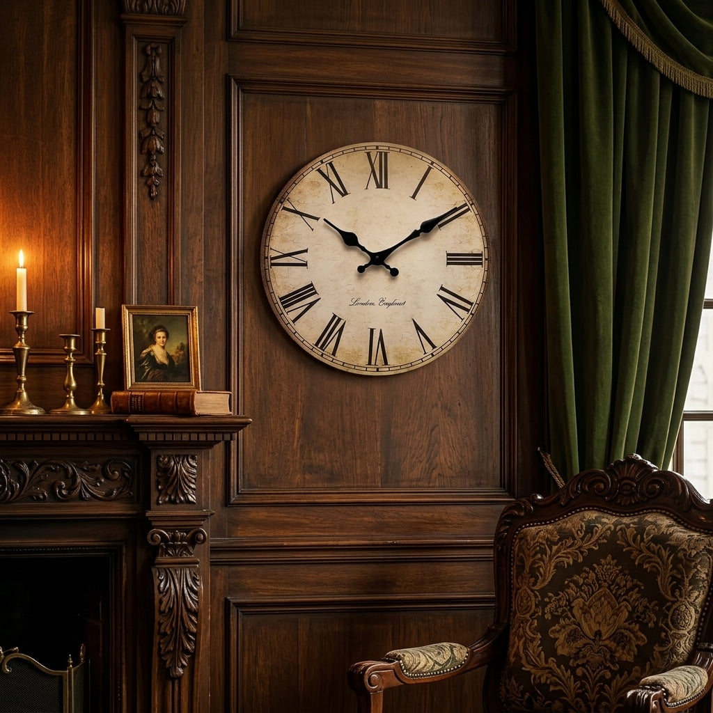 European-Style Roman Numeral Wooden Wall Clock - Antique