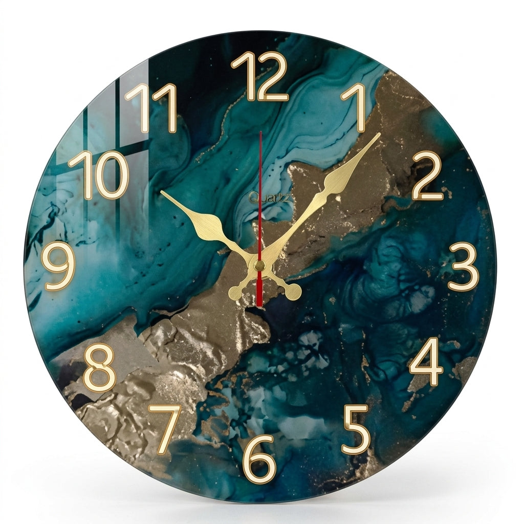 Green Marble Wooden Wall Clock, 10-Inch Round Silent Clock