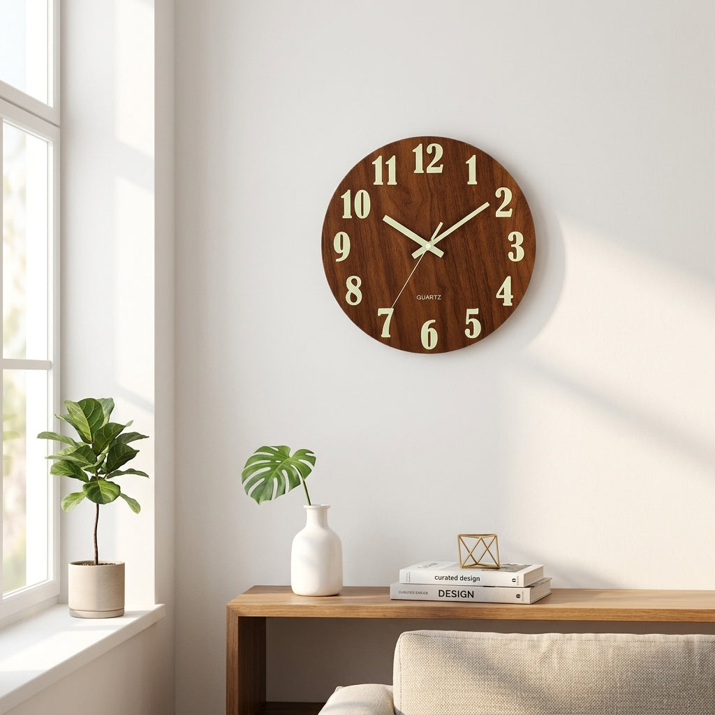 Luminous Brief Wooden Wall Clock - Dark Brown