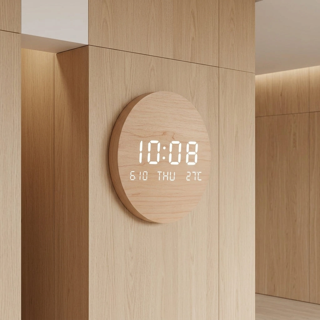 LED Digital Wooden Wall Clock - Solid Wood Color