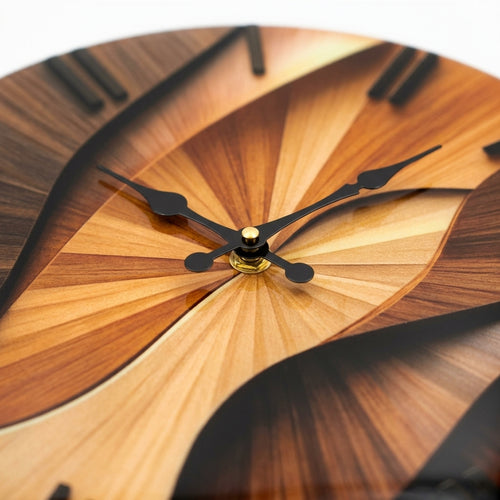 2D Wave Pattern Wood-Grain Wall Clock, Silent Sculptural Clock
