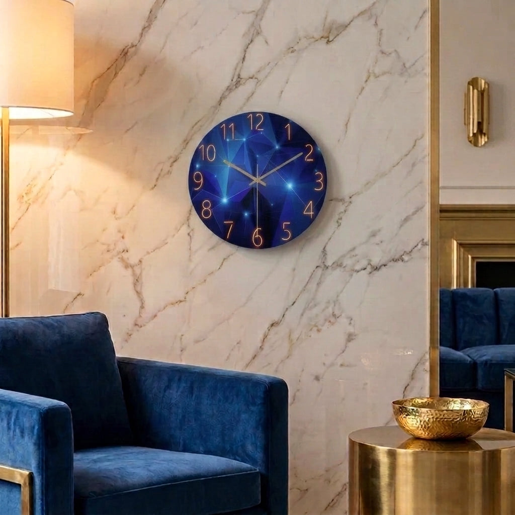 Modern Style Wall Clock Dark Blue Tempered Glass