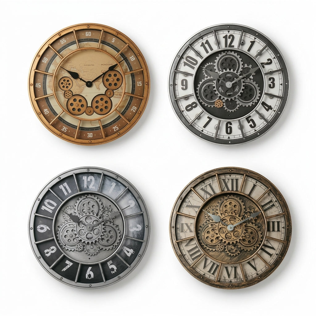 Large Retro Wall Clock Moving Gears Silent