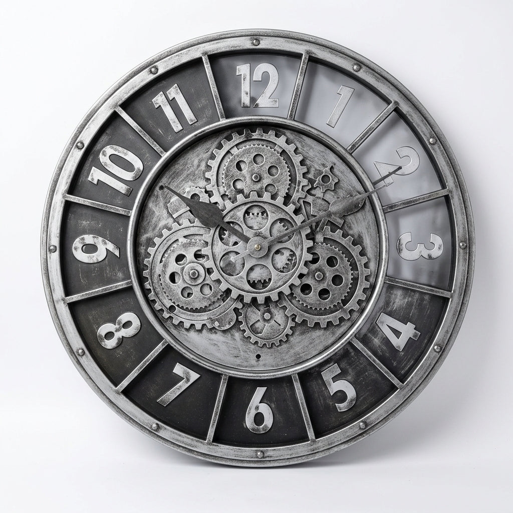 Large Retro Wall Clock Moving Gears Silent