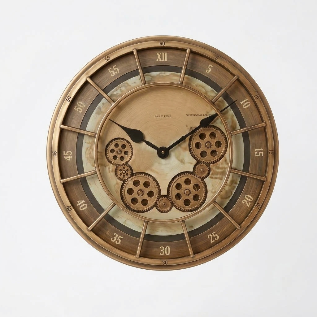 Large Retro Wall Clock Moving Gears Silent